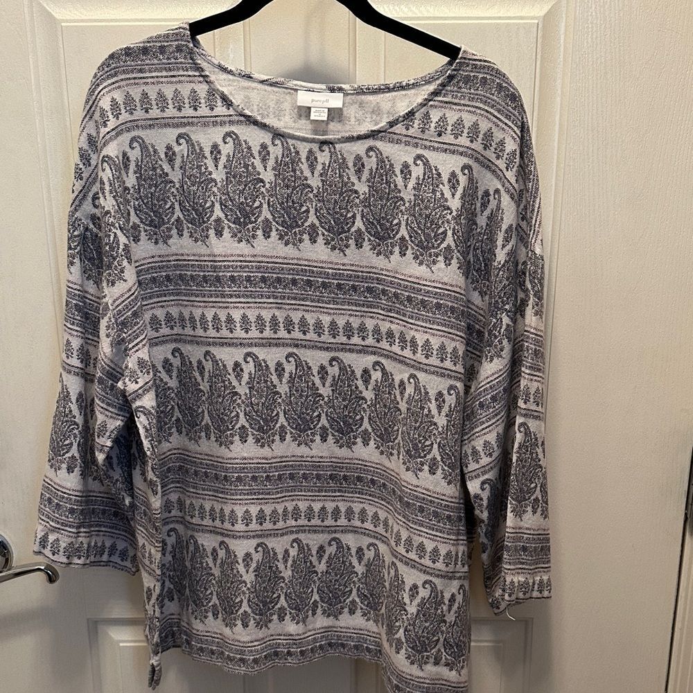 Pure J. Jill Gray Patterned 3/4 Sleeve Hemp & Cotton Blend Top Size 1X